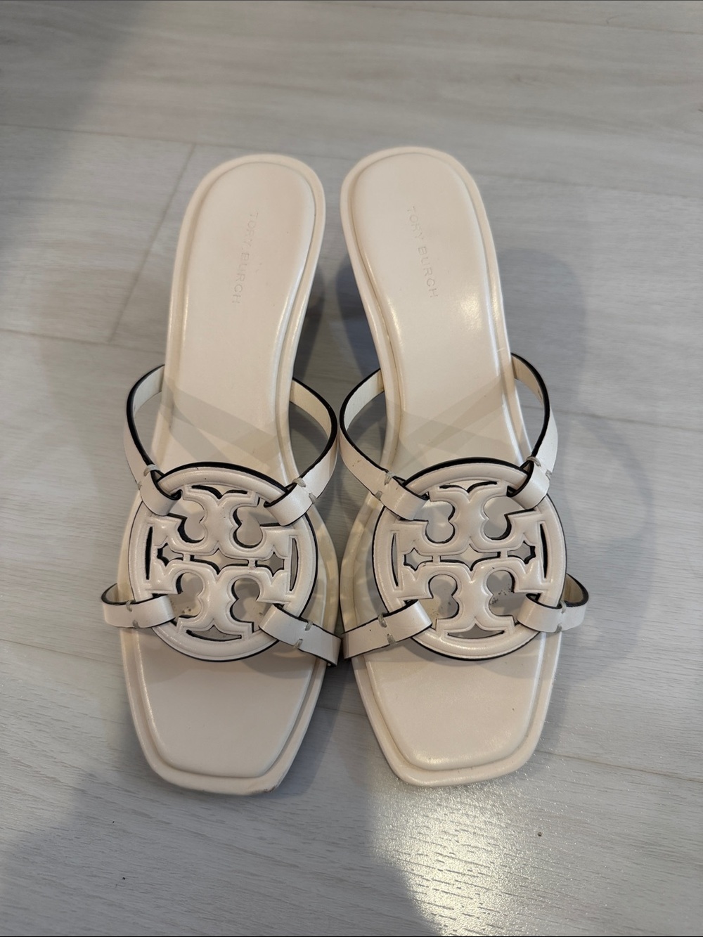 Tory Burch Ivory Logo Slide Mule Heels